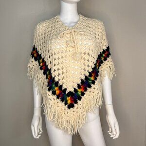 Vintage 1970s Crochet Poncho with Fringe, Rainbow, Handmade